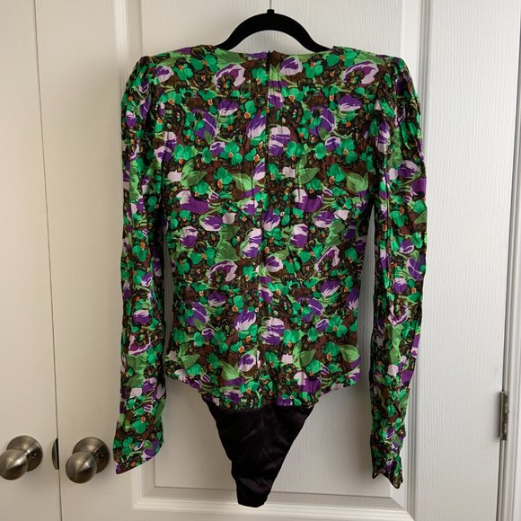 Zara Women's Floral Faux Wrap Long Sleeve Green Purple Draped Bodysuit Size S - Picture 9 of 13